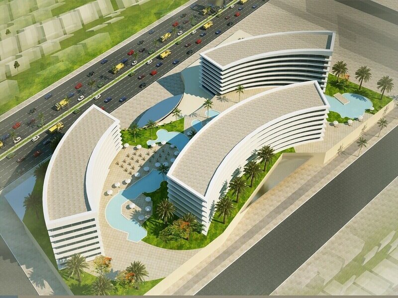 Aerial view of the crescent hotel complex