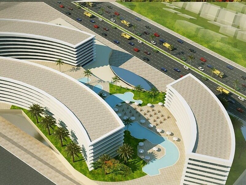 Aerial detail of the three hotels