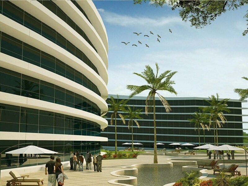Poolside elevation of a hotel block