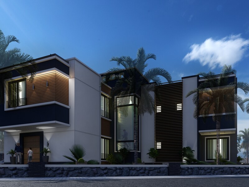 Front elevation of the villa at dusk