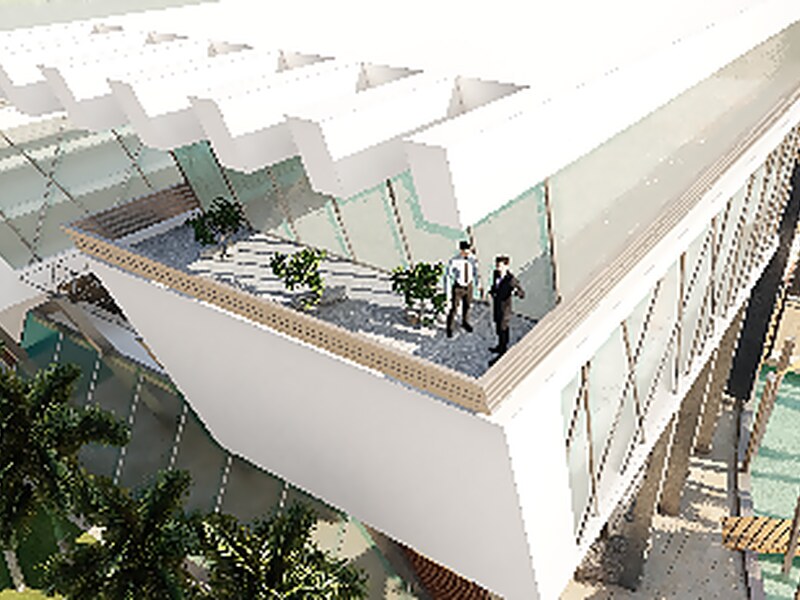 Upper-level terraces of the building