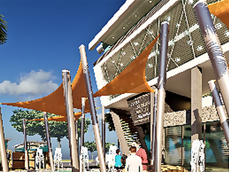 Glazed entrance canopy at ground level