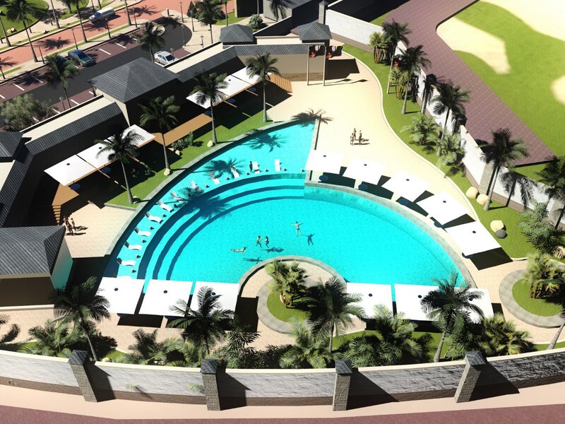 Aerial of the curved pool and golf greens