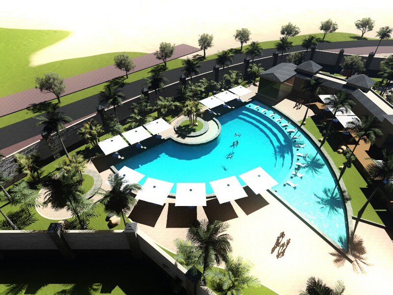 Circular pool and sun deck with umbrellas