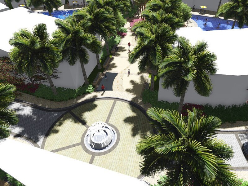 Central pools framed by palms