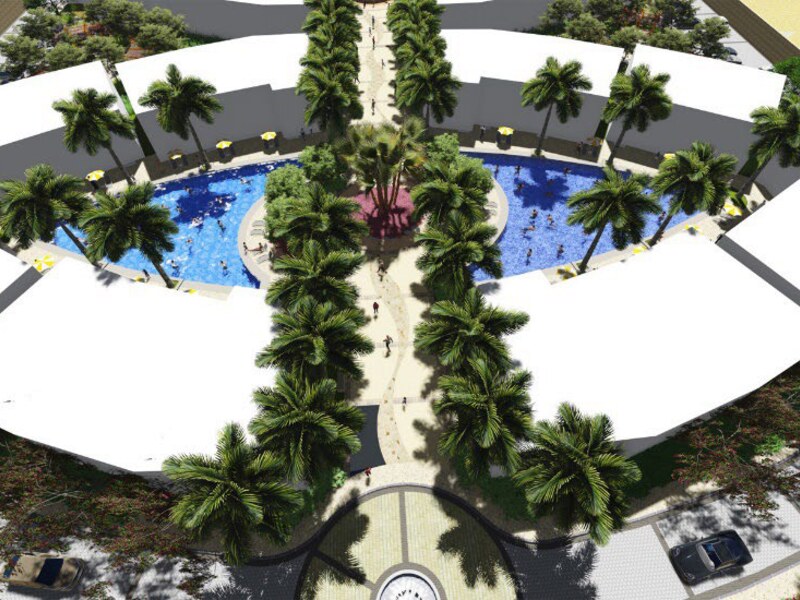 Pool terraces and landscaped areas