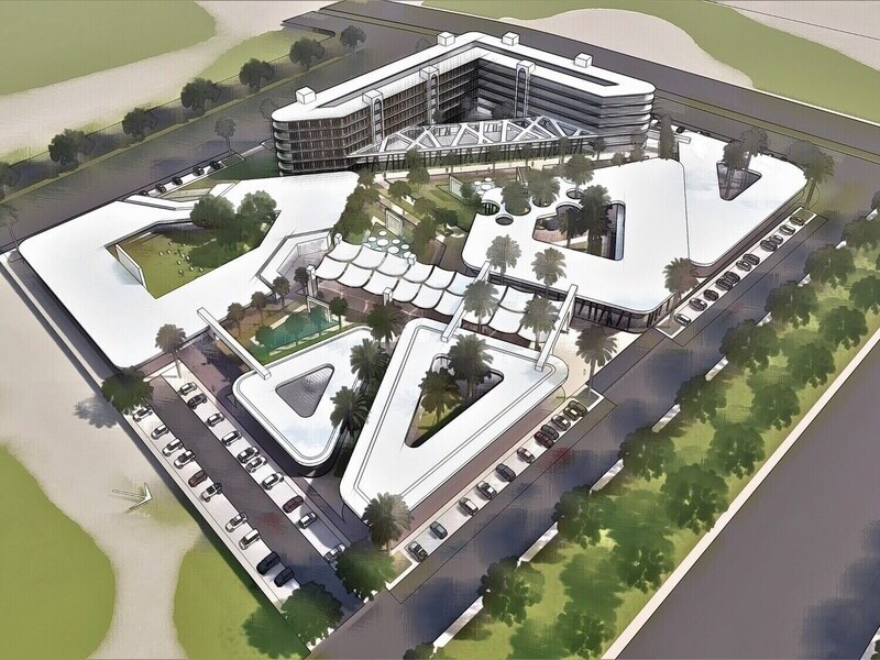 Aerial view of the hotel, mall and recreation development