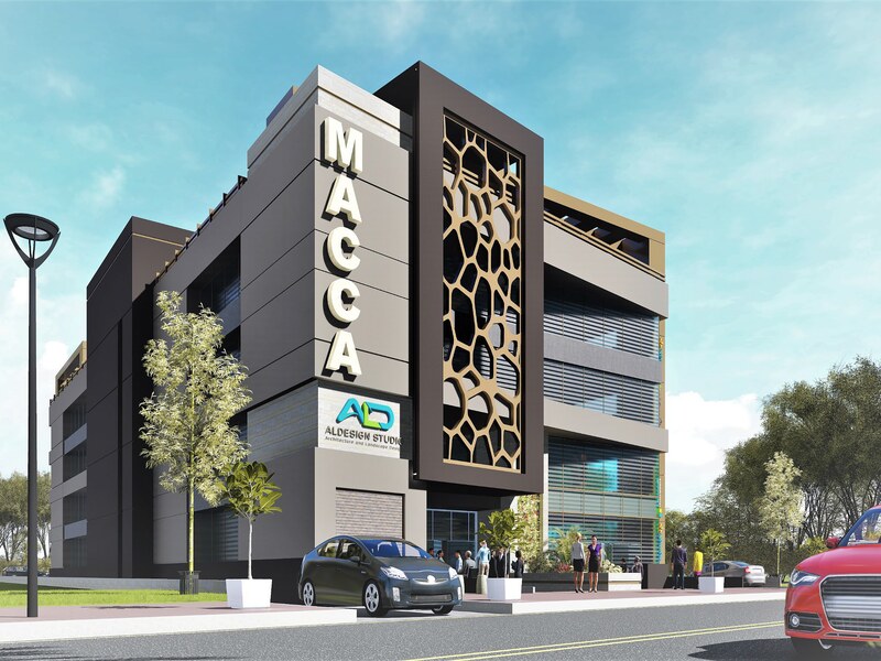 Street view of the Mecca Office Building signage tower and perforated screen