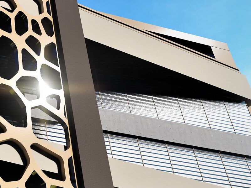 Close detail of the perforated bronze facade screen