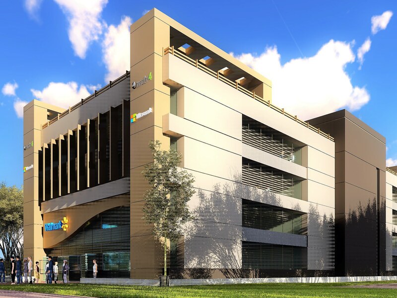 Full elevation of the building along the approach
