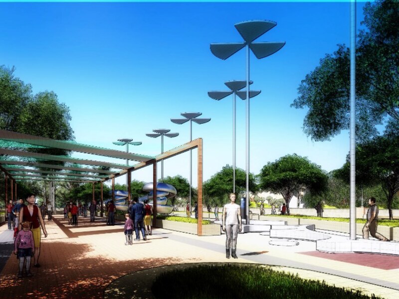 Shaded seating and lighting along the walk