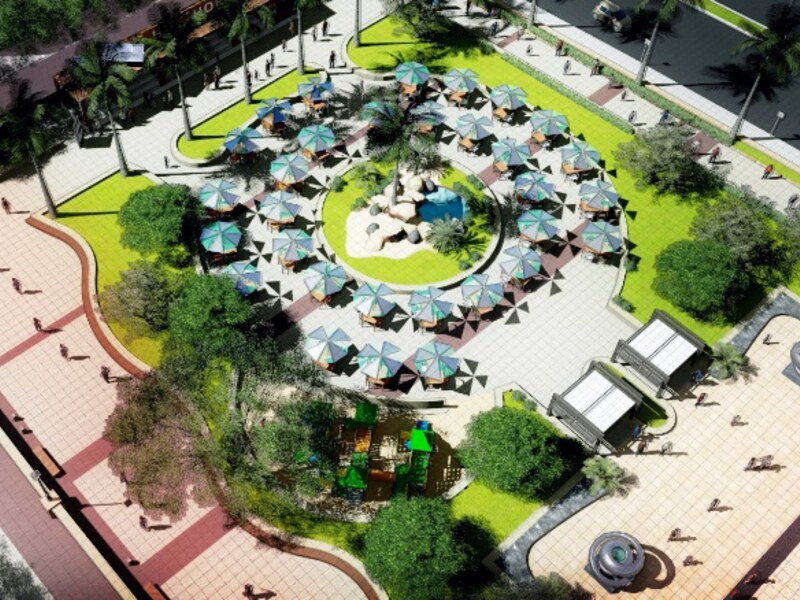 Outdoor dining terrace with umbrellas