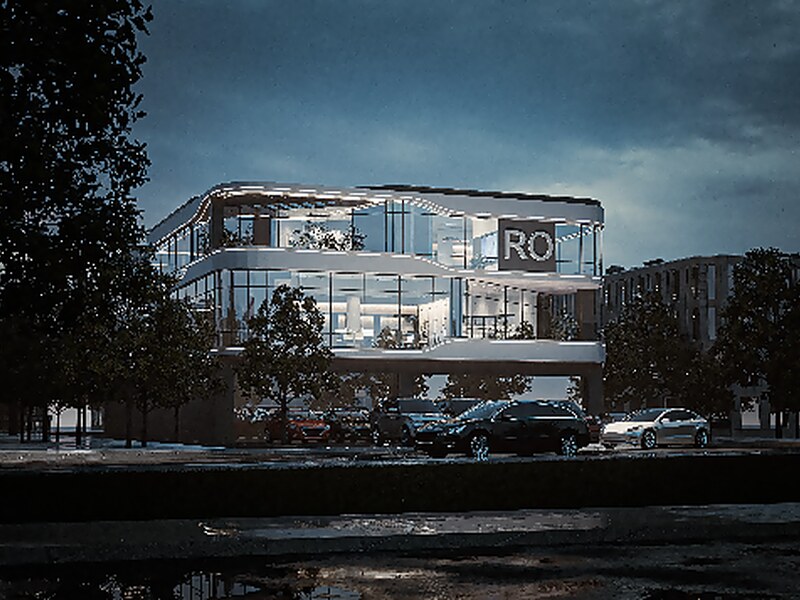 Three-quarter dusk view of the building