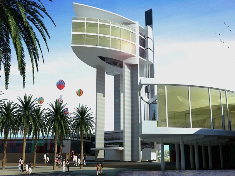 Entrance tower and curved exhibition halls of The Science City