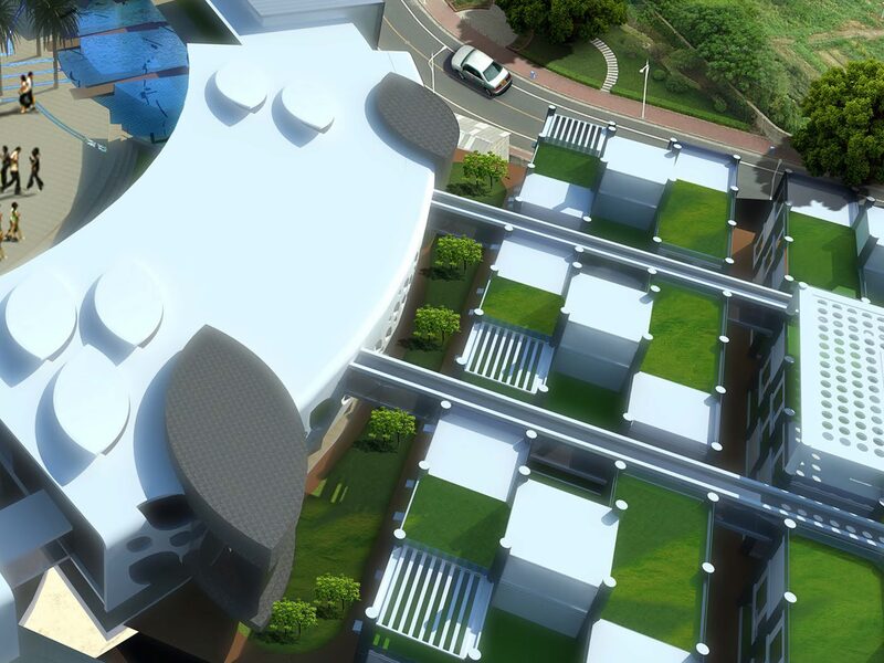 Aerial of roof terraces and shaded galleries
