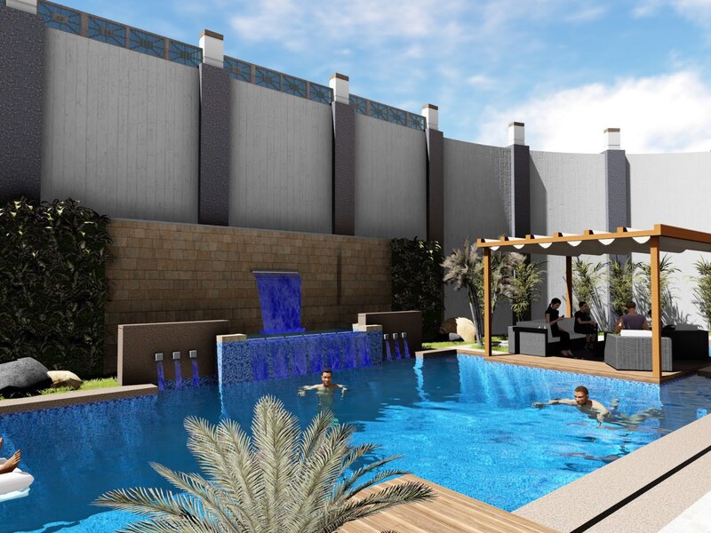 Swimming pool with pergola and water feature
