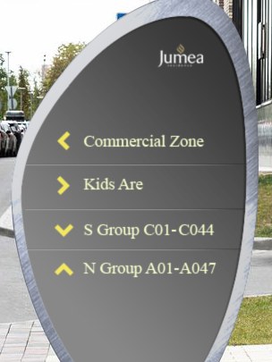 Elliptical community directory sign, Jumea