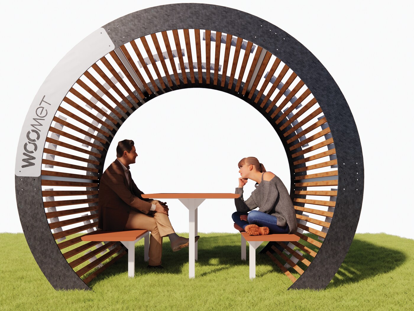 WOOMET circular shaded seat built from arranged wooden slices