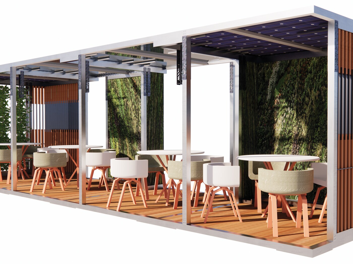 WOOMET Smart Workstation outdoor unit with pergola roof and planted screens